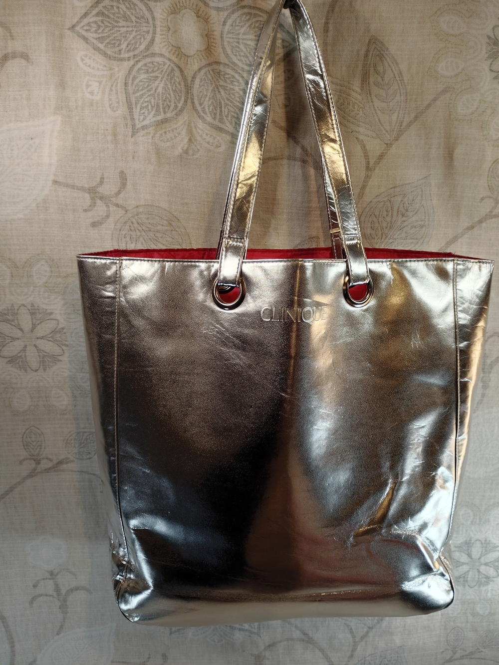 Clinique Silver Metallic Tote with Red Interior